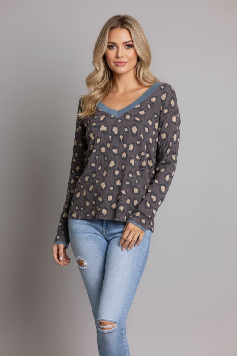 CHEETAH PRINT LACE-UP BACK KNIT TOP TY10840-