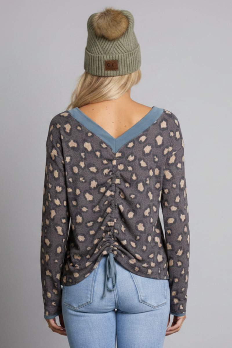 CHEETAH PRINT LACE-UP BACK KNIT TOP TY10840-