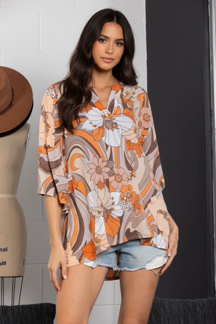 TAUPE FLORAL PRINT MANDARIN COLLAR 3/4 SLEEVES TOP-B30207