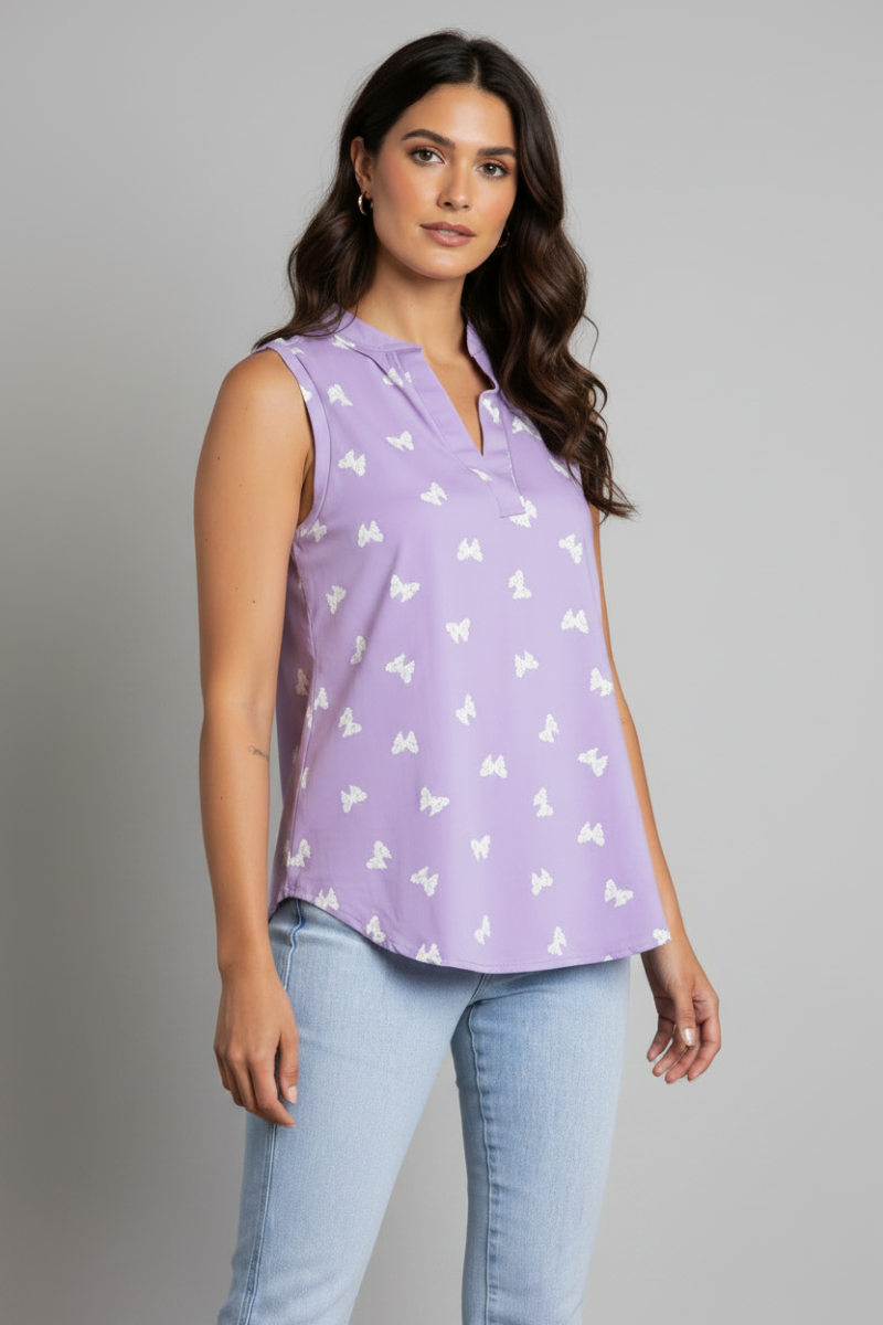 MANDARIN NECK BUTTERFLIES PRINT TOP-T6672