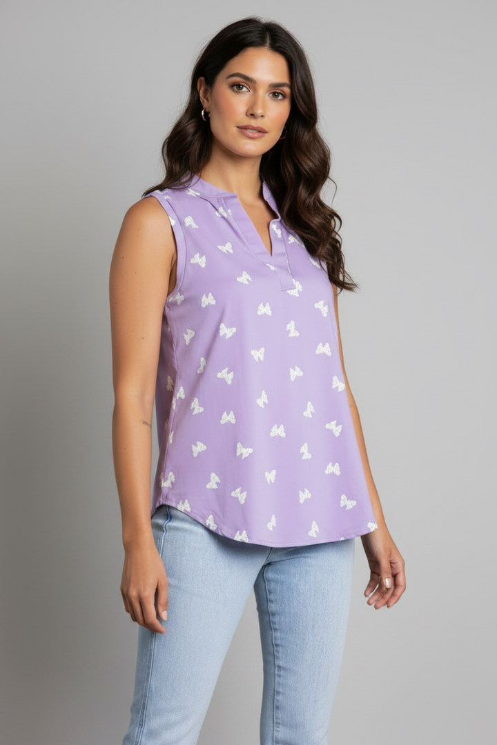 MANDARIN NECK BUTTERFLIES PRINT TOP-T6672