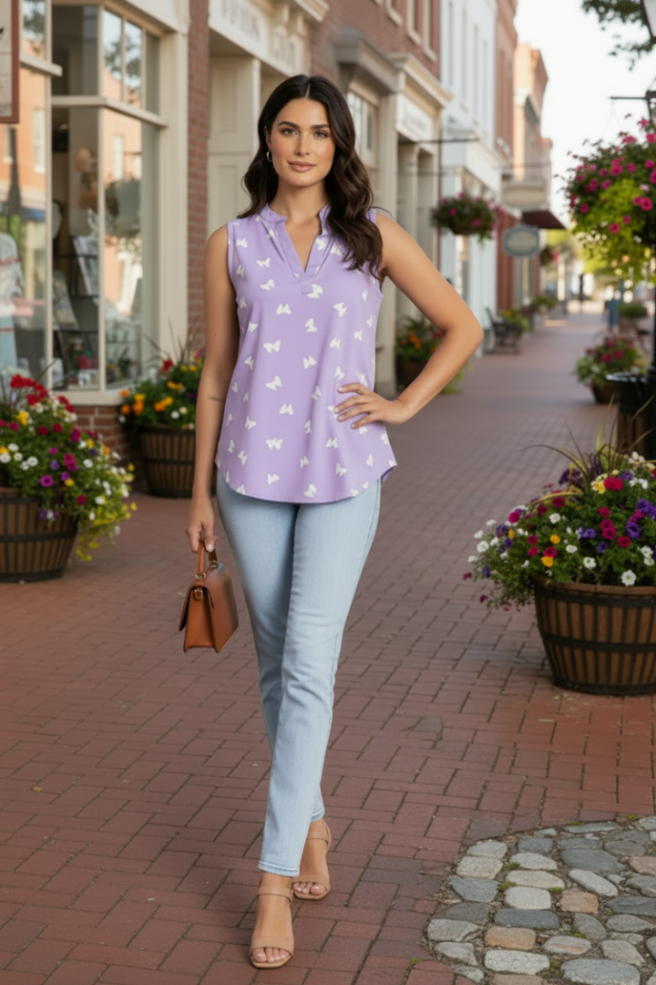 MANDARIN NECK BUTTERFLIES PRINT TOP-T6672