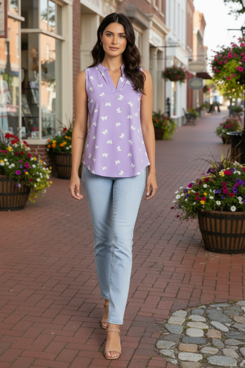 MANDARIN NECK BUTTERFLIES PRINT TOP-T6672