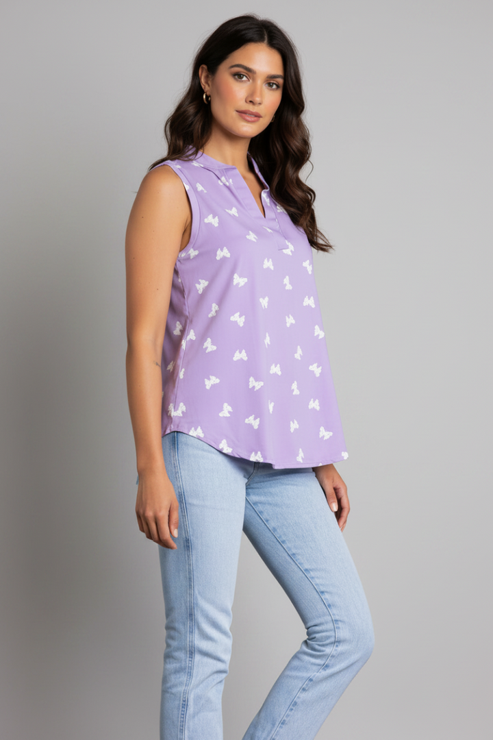 MANDARIN NECK BUTTERFLIES PRINT TOP-T6672