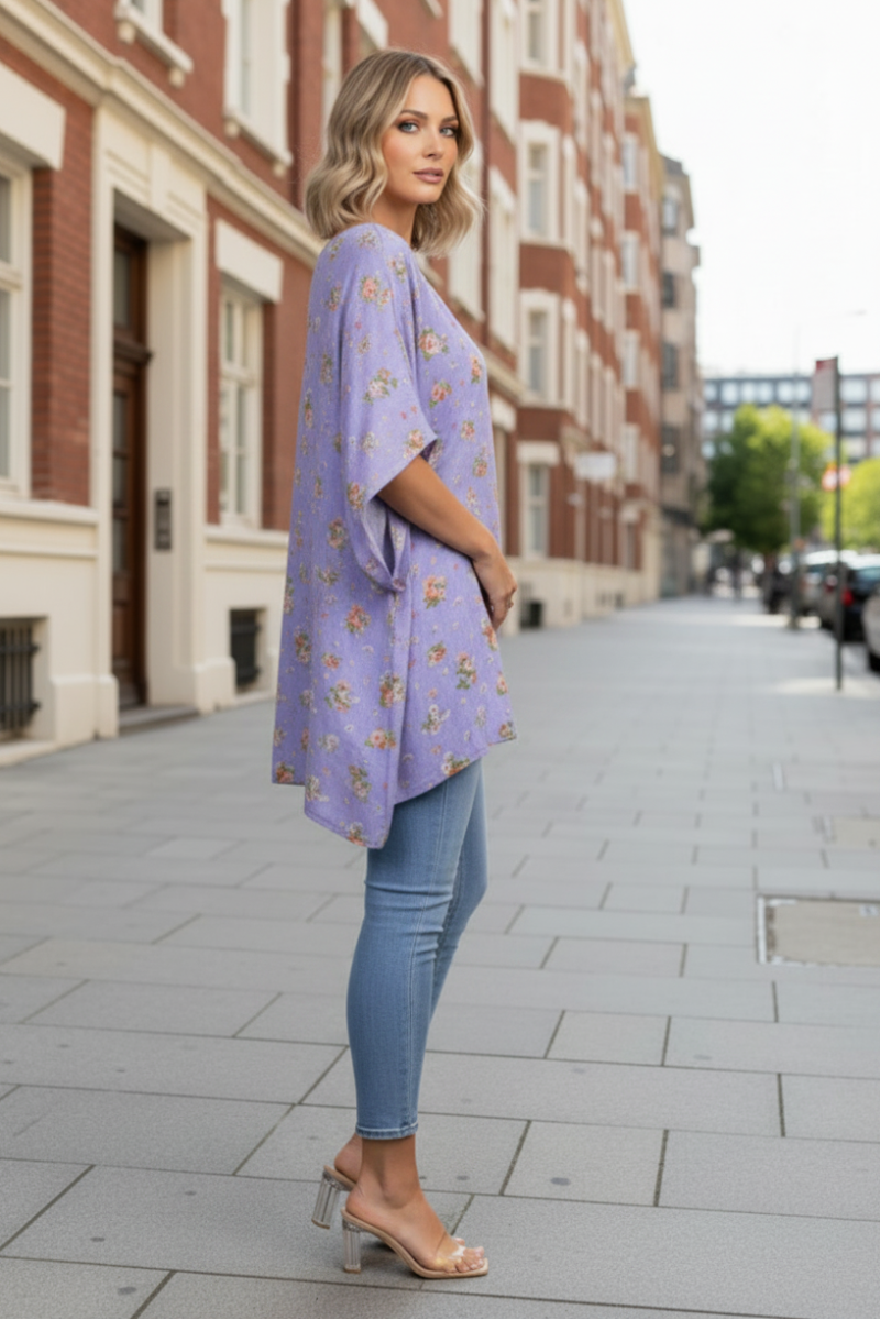 SWISS DOTS FLORAL PRINT DOLMAN SHORT SLEEVES TOP-T7430  *