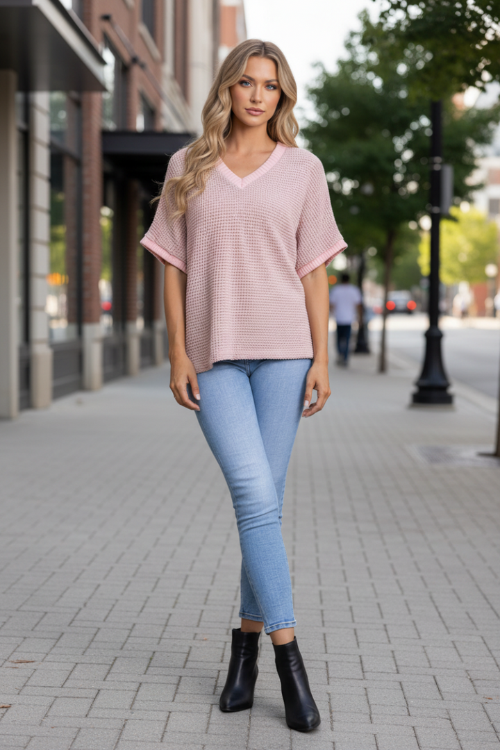 PINK- V-NECK DOLMAN SHORT SLEEVES KNIT TOP-T7879