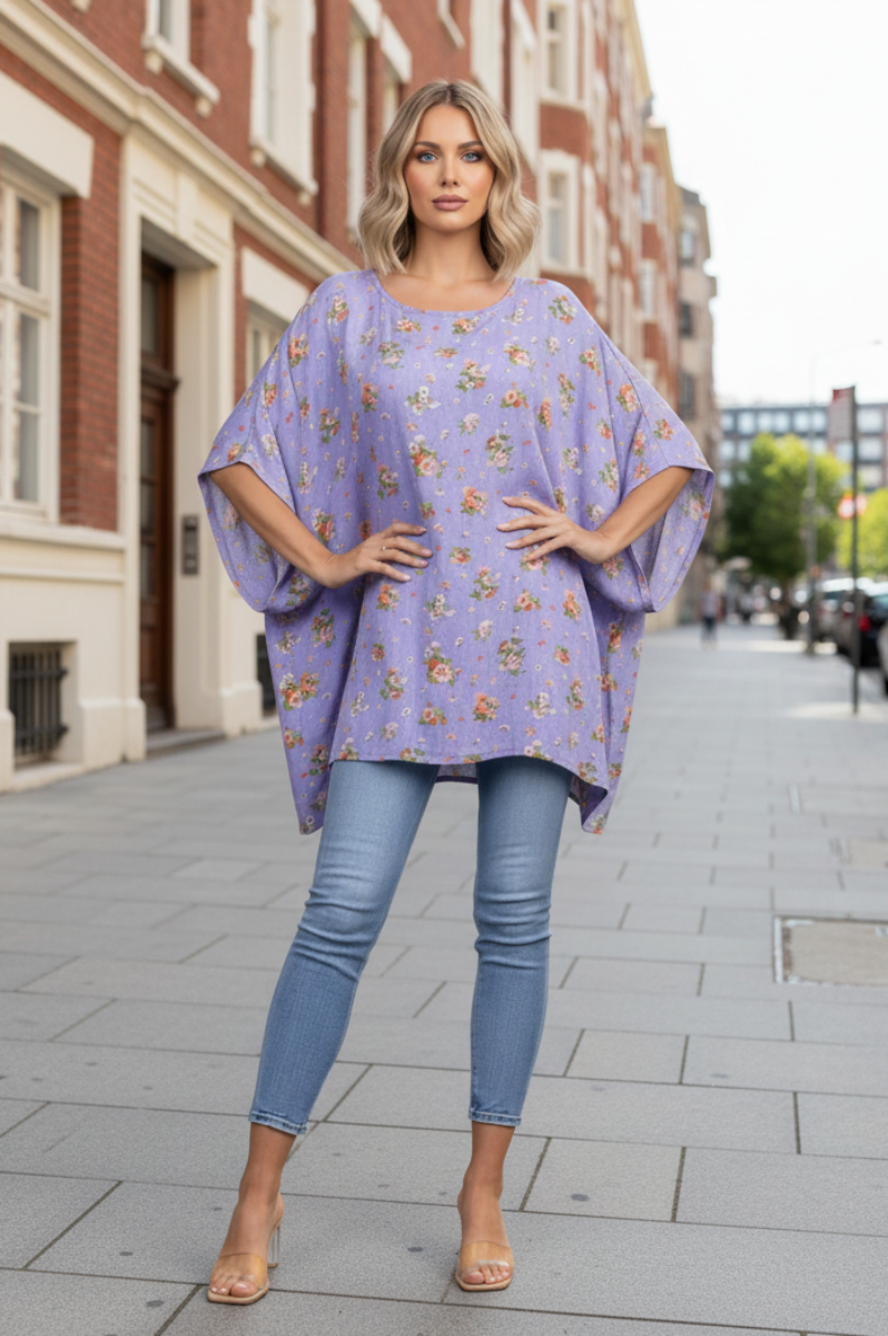 SWISS DOTS FLORAL PRINT DOLMAN SHORT SLEEVES TOP-T7430  *