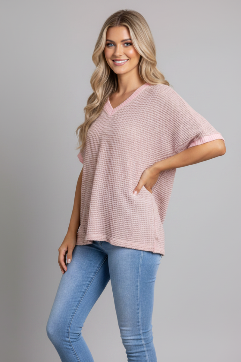 PINK- V-NECK DOLMAN SHORT SLEEVES KNIT TOP-T7879