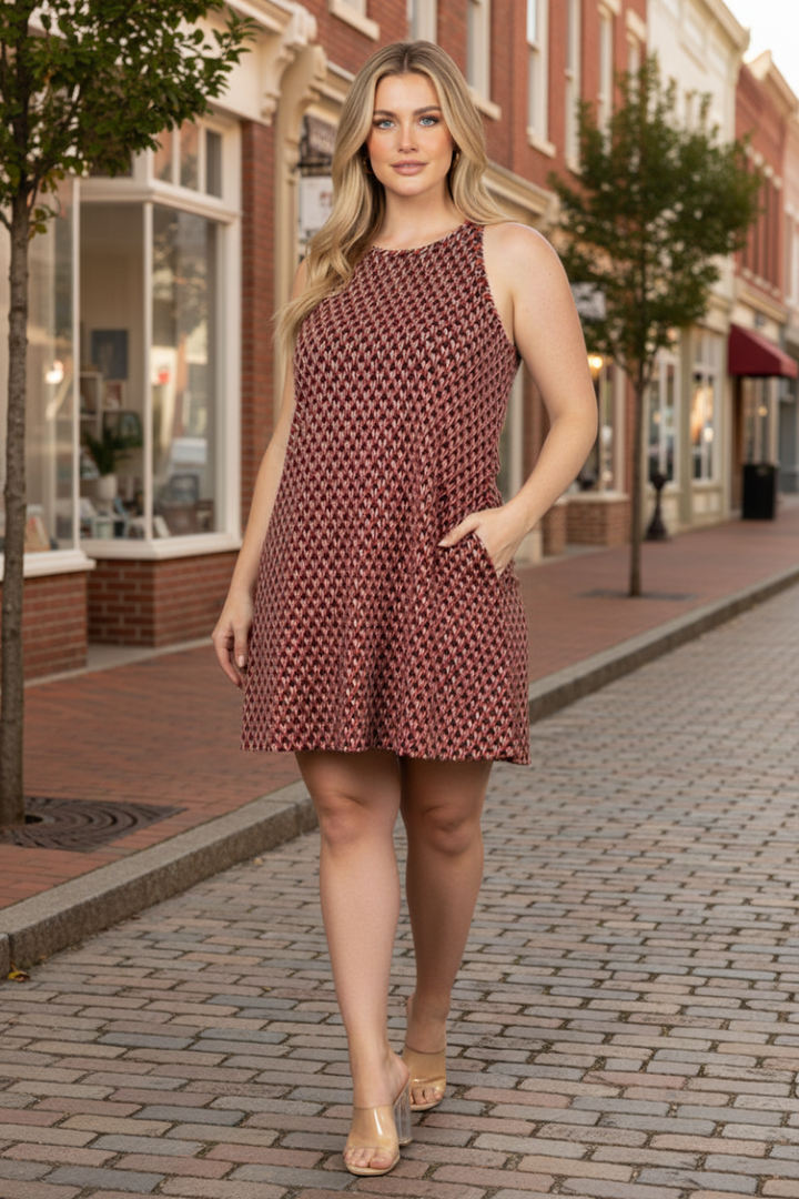 RED CHEVRON HALTER NECK PLUS SIZE MINI DRESS D5107X