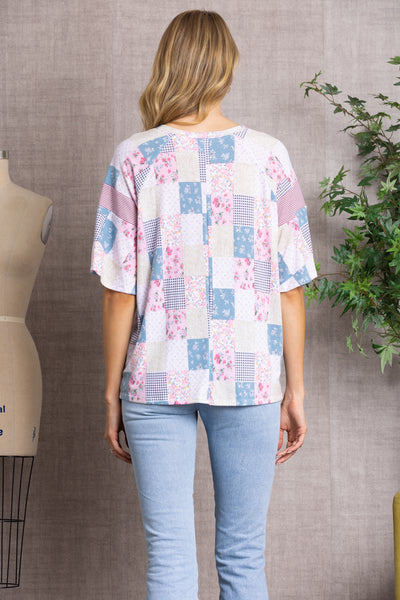 PINK FLORAL STRIPED PATCH WORK OVER SIZE TOP