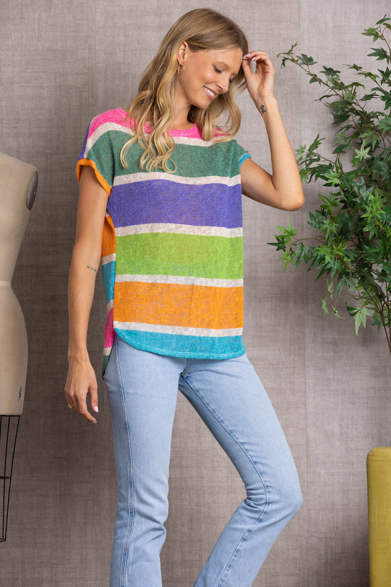 MUTLICOLOR STRIPES KNIT TUNIC TOP-4879RST