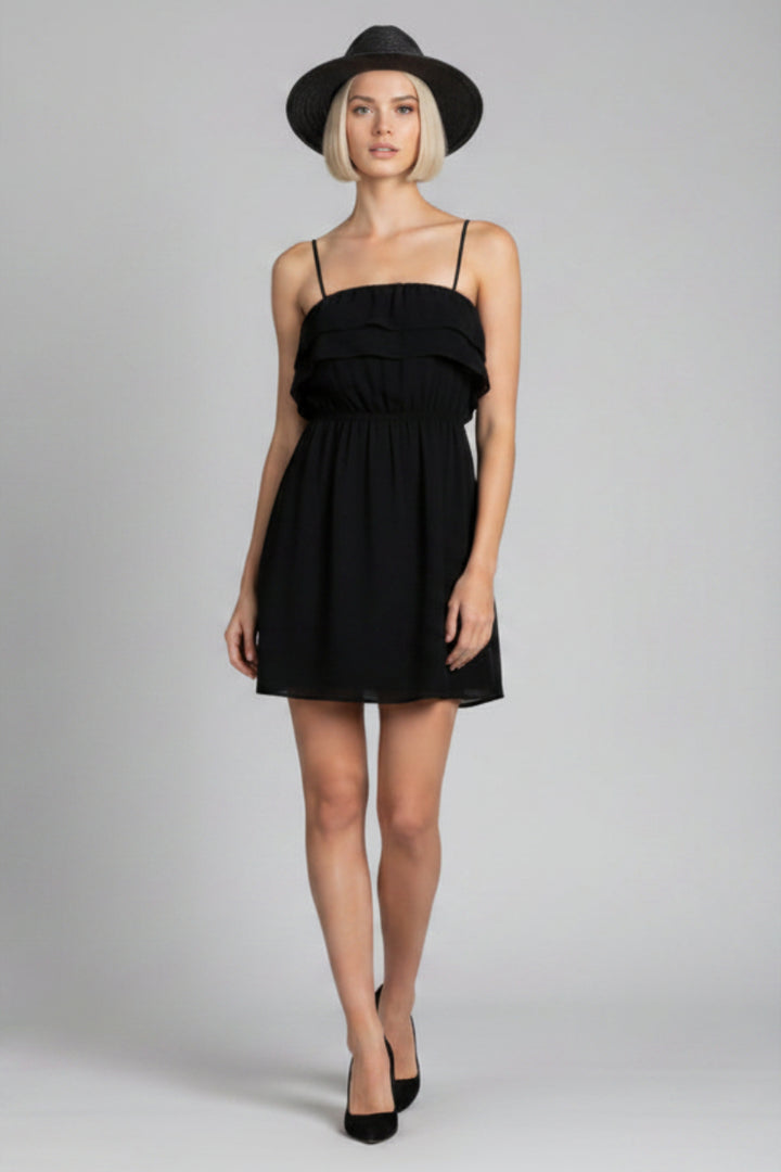 BLACK CHIFFON LAYERED RUFFLE FIT &amp; FLARE MINI DRESS-D2524