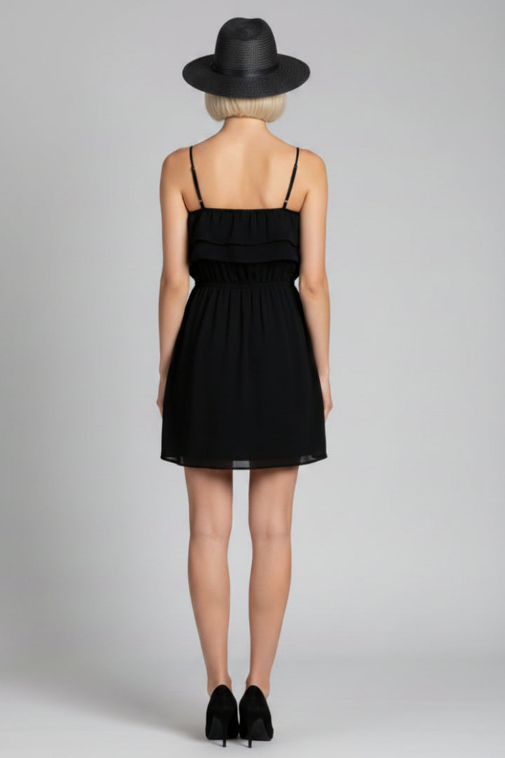 BLACK CHIFFON LAYERED RUFFLE FIT &amp; FLARE MINI DRESS-D2524