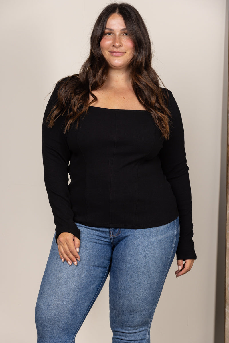 BLACK SQUARE NECK RIBBED KNIT LONG SLEEVES PLUS SIZE TOP PTJ11298
