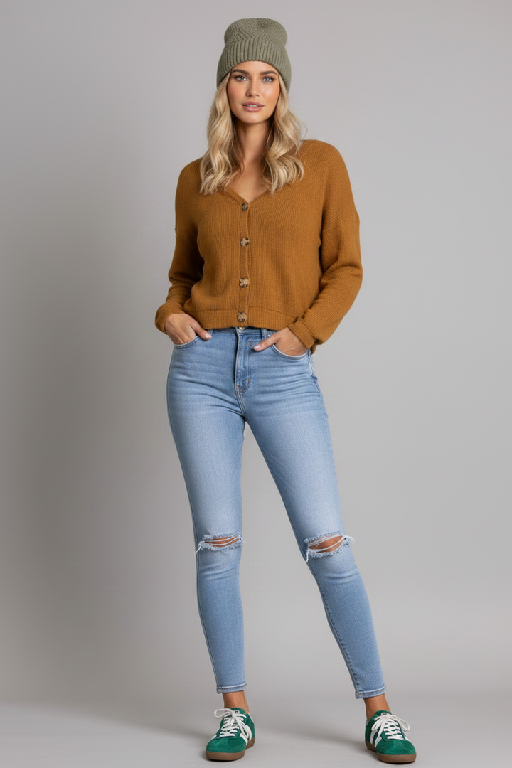 MUSTARD KNITTED LONG SLEEVES W/ BUTTONS TOP S1154