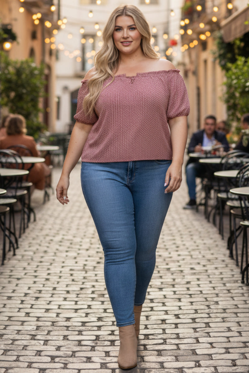 RUST PRINTED DETAILED ELASTIC OFF-SHOULDER PLUS SIZE TOP T4518X