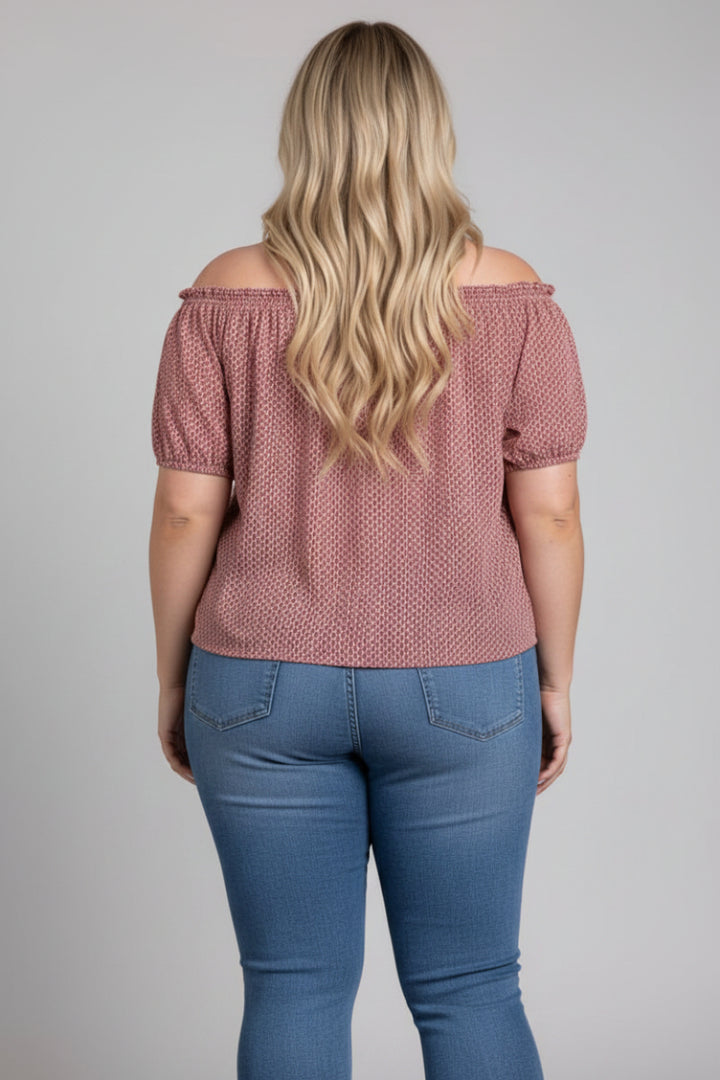 RUST PRINTED DETAILED ELASTIC OFF-SHOULDER PLUS SIZE TOP T4518X