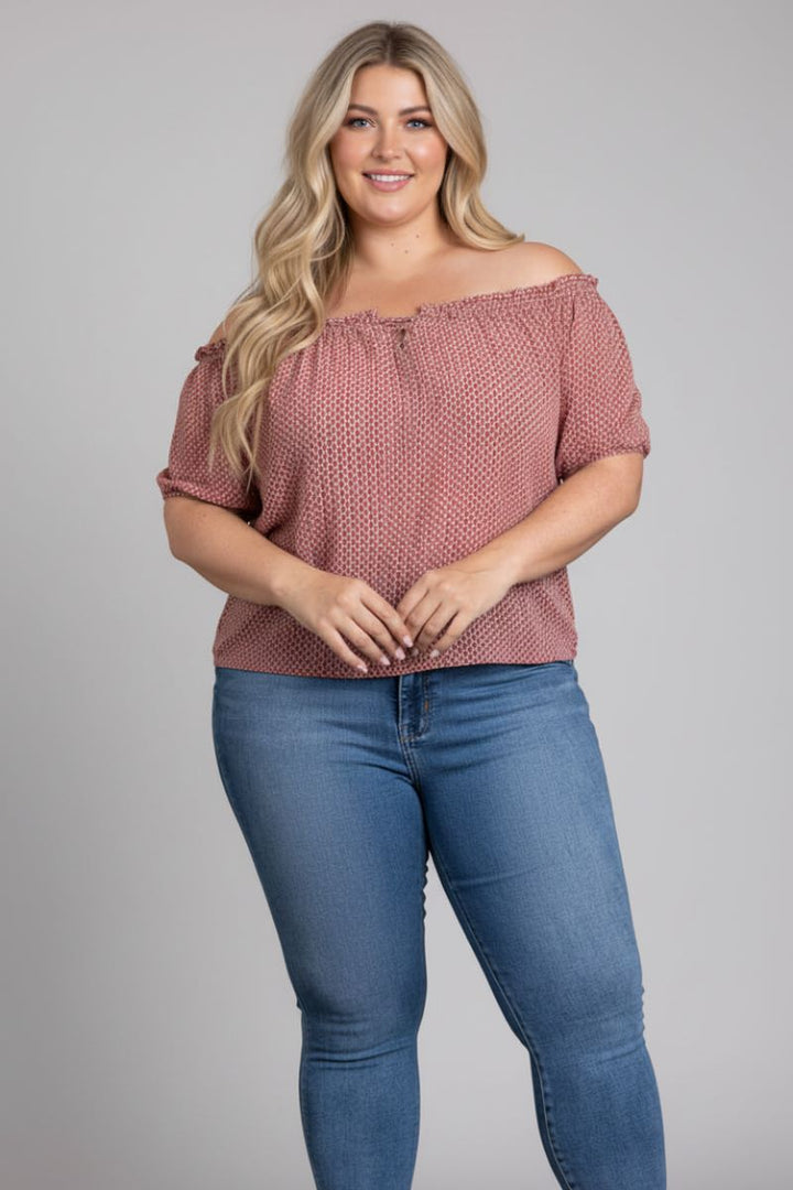RUST PRINTED DETAILED ELASTIC OFF-SHOULDER PLUS SIZE TOP T4518X