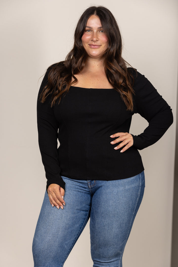 BLACK SQUARE NECK RIBBED KNIT LONG SLEEVES PLUS SIZE TOP PTJ11298