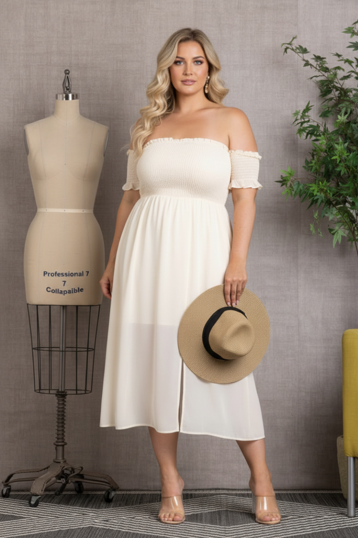 IVORY CHIFFON OFF-SHOULDER PLUS SIZE MIDI DRESS-D4563SX