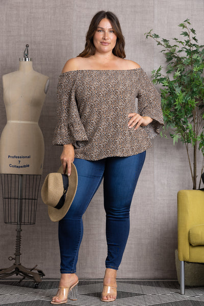 ANIMAL PRINT OFF THE SHOULDER FLARED SLEEVE PLUS SIZE TOP T806