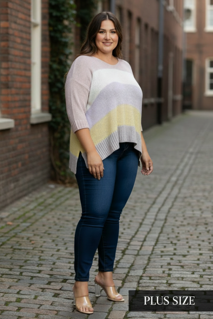 PLUS SIZE COLOR BLOCK FOLDED 3/4 SLEEVE  KNIT TOP-PSS1066-