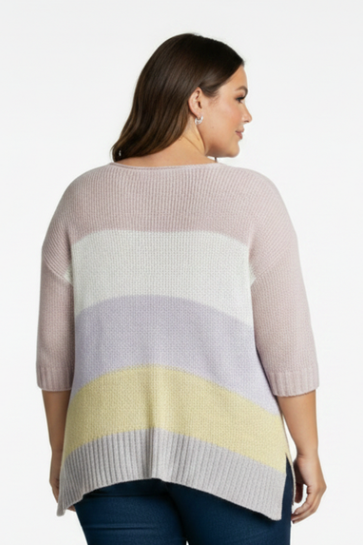 PLUS SIZE COLOR BLOCK FOLDED 3/4 SLEEVE  KNIT TOP-PSS1066-