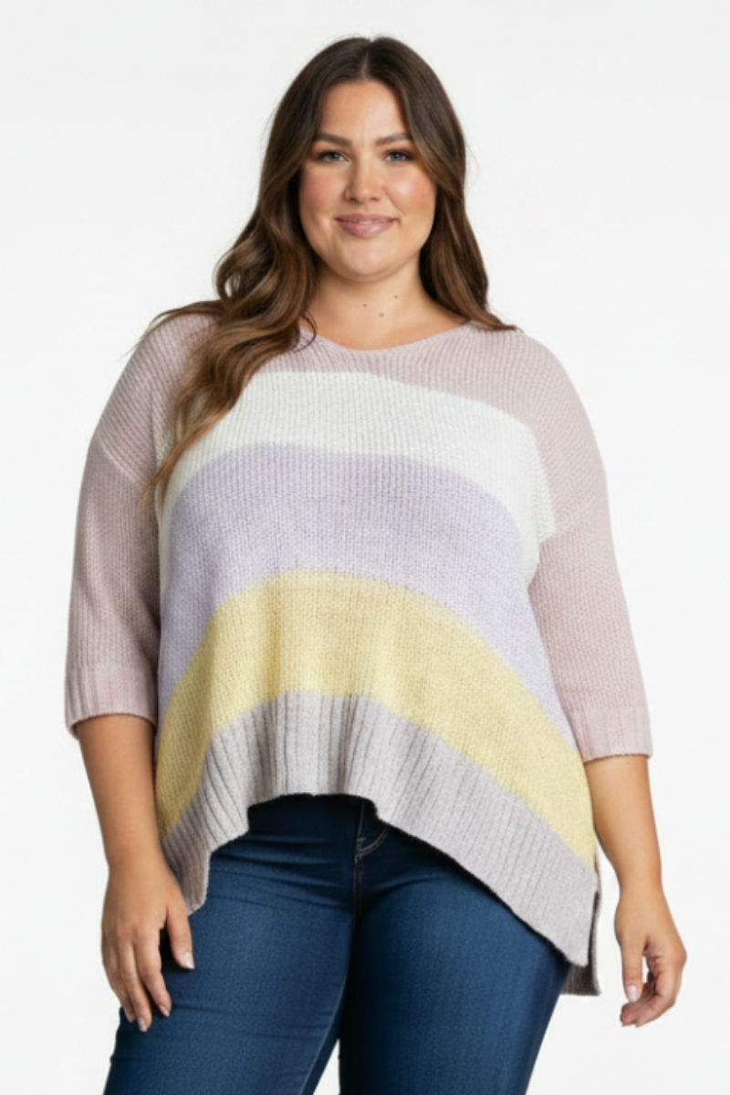 PLUS SIZE COLOR BLOCK FOLDED 3/4 SLEEVE  KNIT TOP-PSS1066-