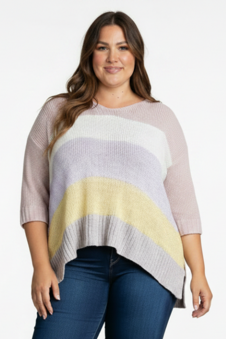 PLUS SIZE COLOR BLOCK FOLDED 3/4 SLEEVE  KNIT TOP-PSS1066-