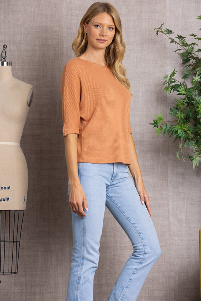 ROUND NECK FOLDED SLEEVES KNIT TOP H7019