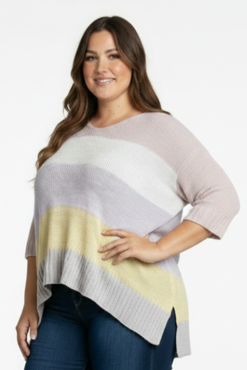 PLUS SIZE COLOR BLOCK FOLDED 3/4 SLEEVE  KNIT TOP-PSS1066-