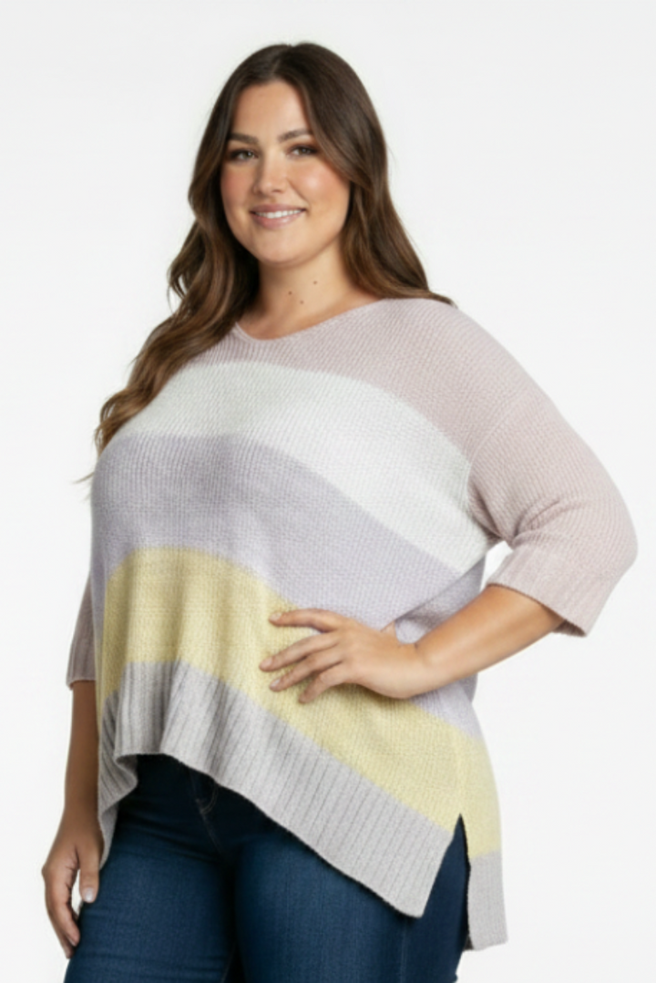 PLUS SIZE COLOR BLOCK FOLDED 3/4 SLEEVE  KNIT TOP-PSS1066-