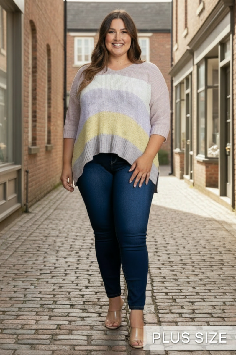 PLUS SIZE COLOR BLOCK FOLDED 3/4 SLEEVE  KNIT TOP-PSS1066-