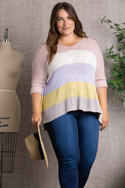 COLOR BLOCK FOLDED 3/4 SLEEVE PLUS SIZE KNIT TOP-PSS1066