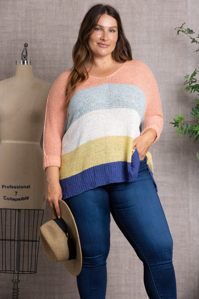 COLOR BLOCK FOLDED 3/4 SLEEVE PLUS SIZE KNIT TOP-PSS1066