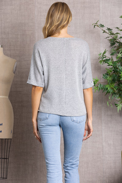 ROUND NECK FOLDED SLEEVES KNIT TOP H7019