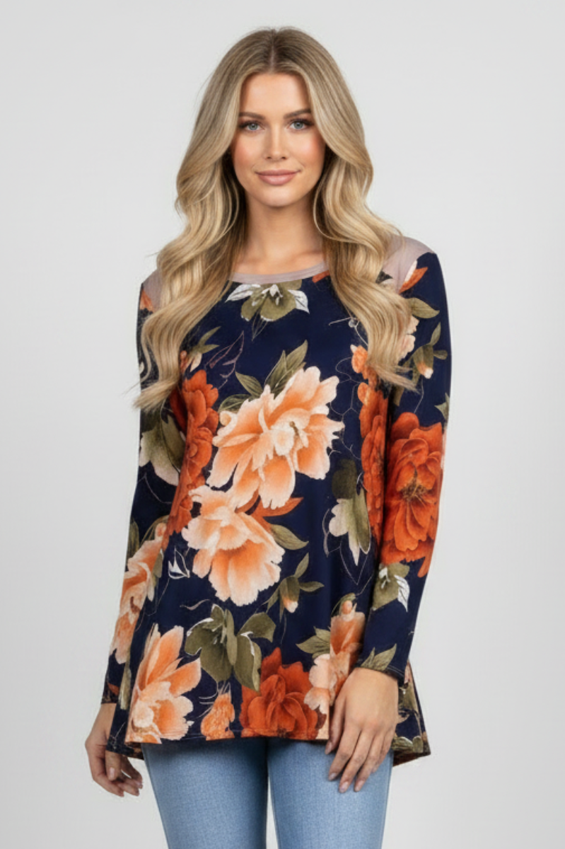 FLORAL PRINT RAGLAN LONG SLEEVES TUNIC KNIT TOP-B5317-