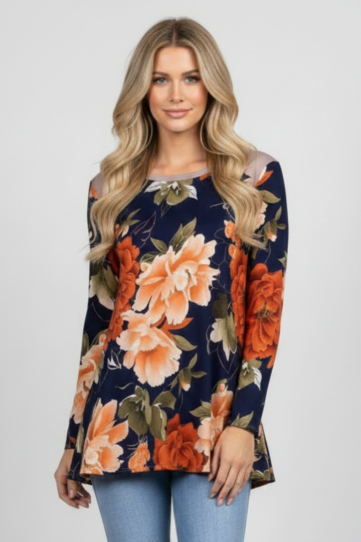 FLORAL PRINT RAGLAN LONG SLEEVES TUNIC KNIT TOP-B5317-
