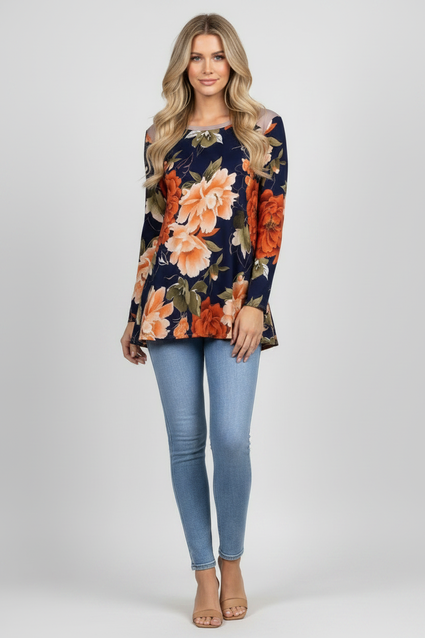 FLORAL PRINT RAGLAN LONG SLEEVES TUNIC KNIT TOP-B5317-