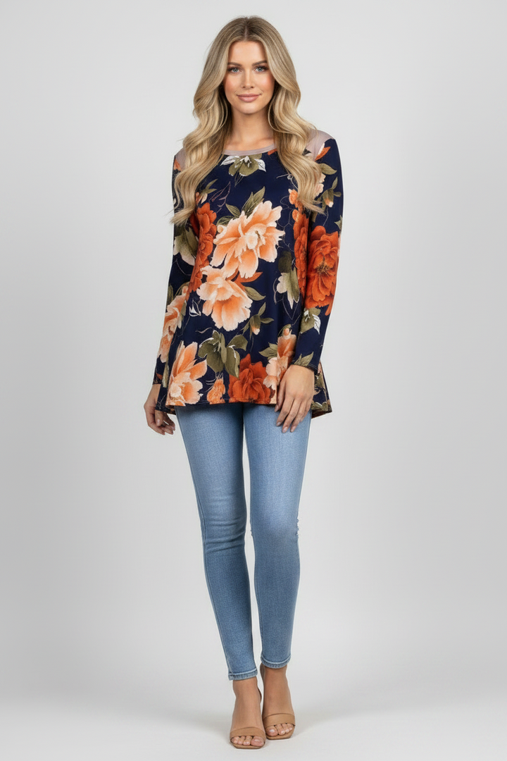 FLORAL PRINT RAGLAN LONG SLEEVES TUNIC KNIT TOP-B5317-
