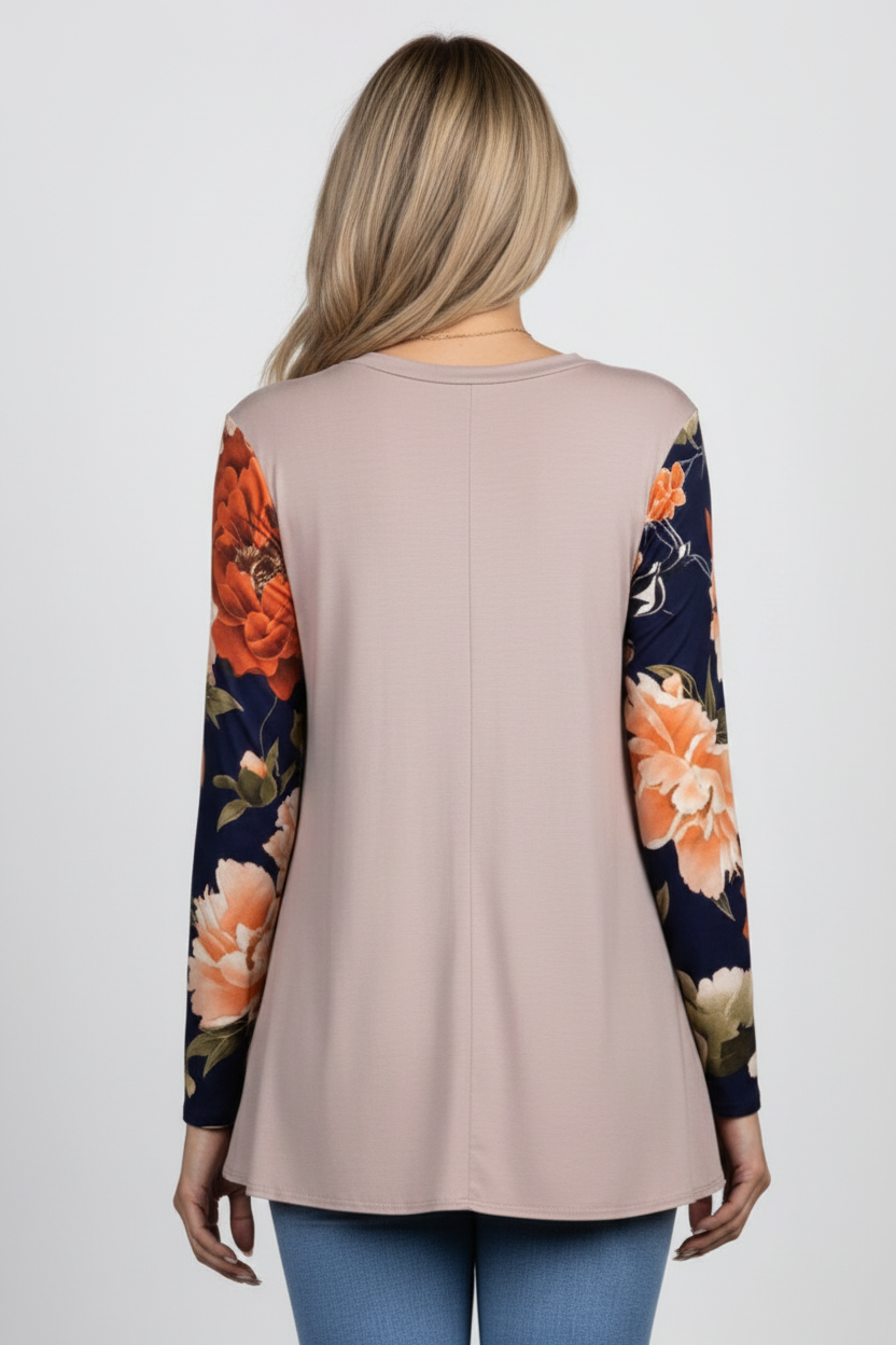 FLORAL PRINT RAGLAN LONG SLEEVES TUNIC KNIT TOP-B5317-