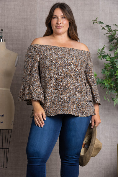 ANIMAL PRINT OFF THE SHOULDER FLARED SLEEVE PLUS SIZE TOP T806