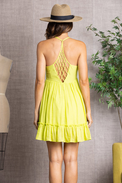 LIME SEXY SPAGHETTI STRAP BACK HOLLOW OUT MINI SUNDRESS-ND30254