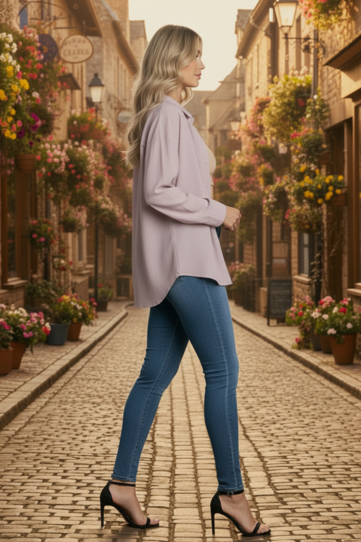 MAUVE COLLAR BUTTON DOWN CUFF LONG SLEEVE TOP-VE60043-