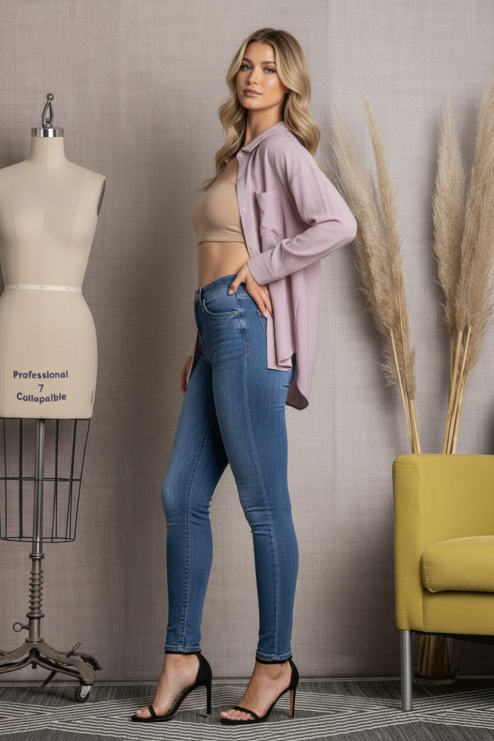 MAUVE COLLAR BUTTON DOWN CUFF LONG SLEEVE TOP-VE60043