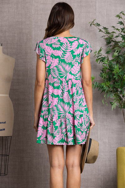 FLORAL & LEAF BABY-DOLL BUTTERFLY SLEEVES MINI DRESS-D5106