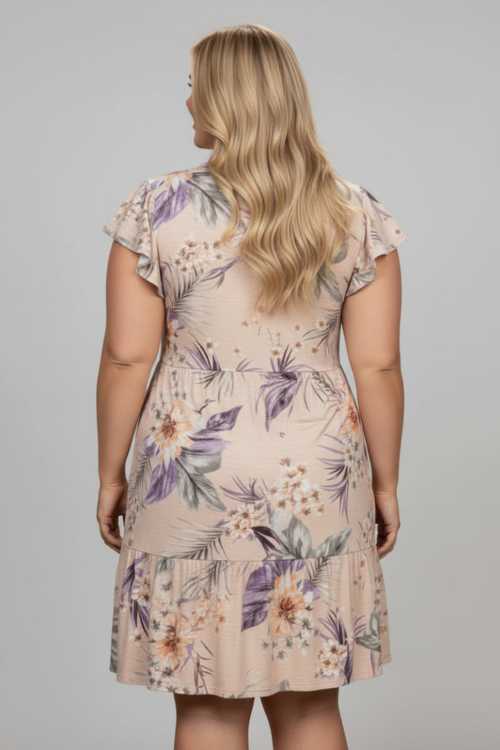 TAUPE TROPICAL BUTTERFLY SLEEVES PLUS SIZE MINI DRESS D5106X *