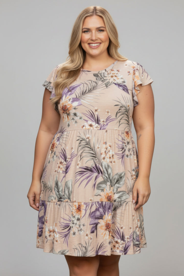 TAUPE TROPICAL BUTTERFLY SLEEVES PLUS SIZE MINI DRESS D5106X *