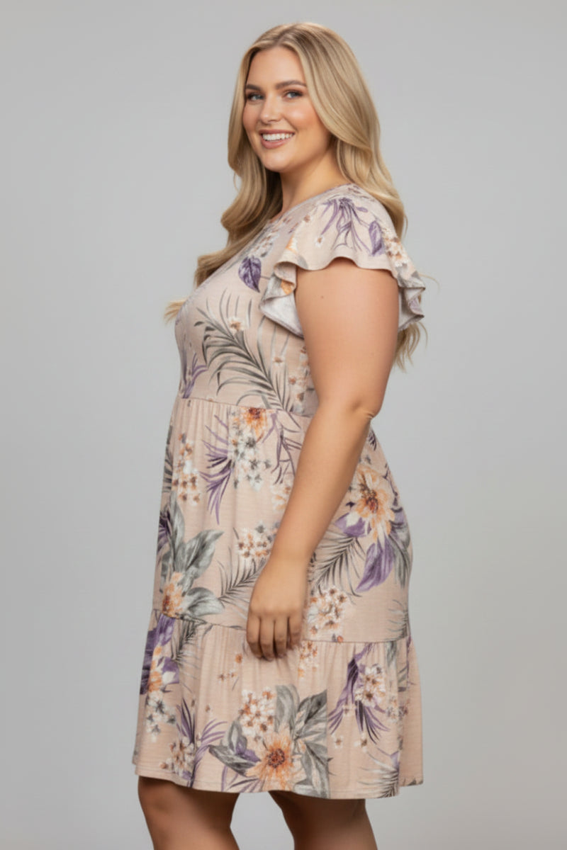 TAUPE TROPICAL BUTTERFLY SLEEVES PLUS SIZE MINI DRESS D5106X *