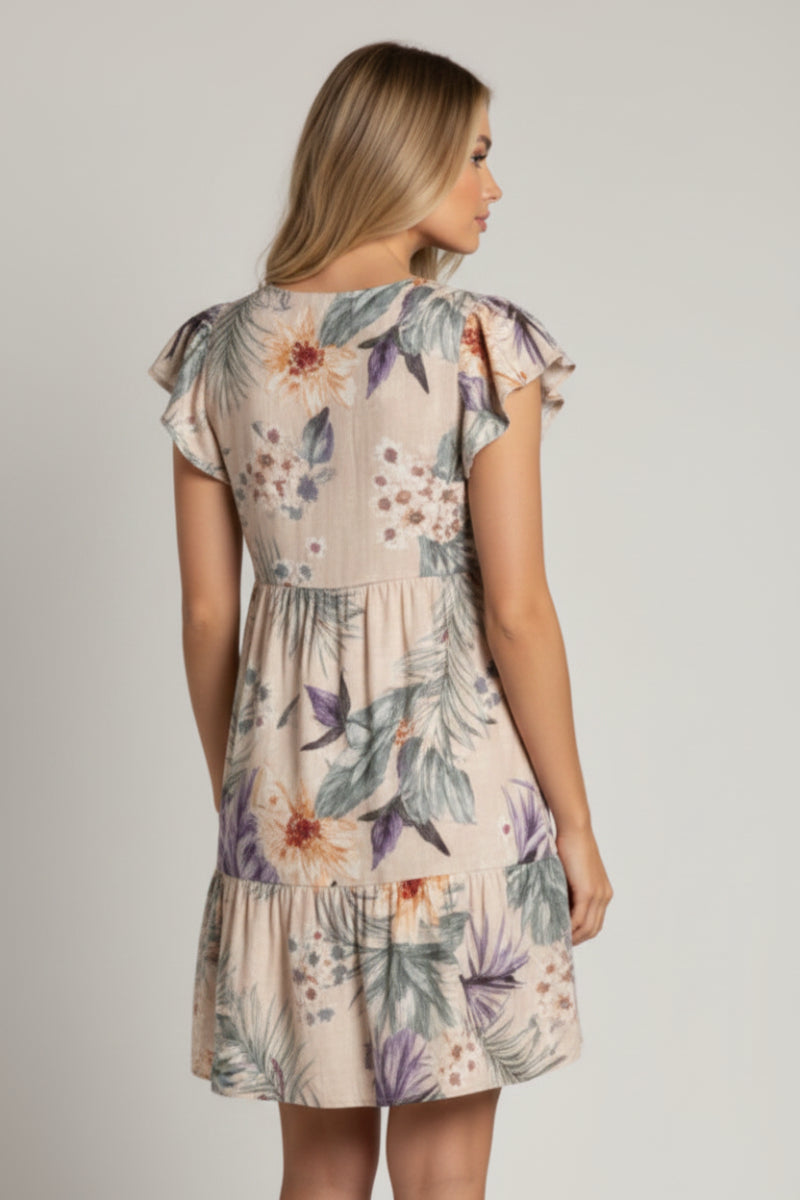 TAUPE TROPICAL BUTTERFLY SLEEVES MINI DRESS D5106